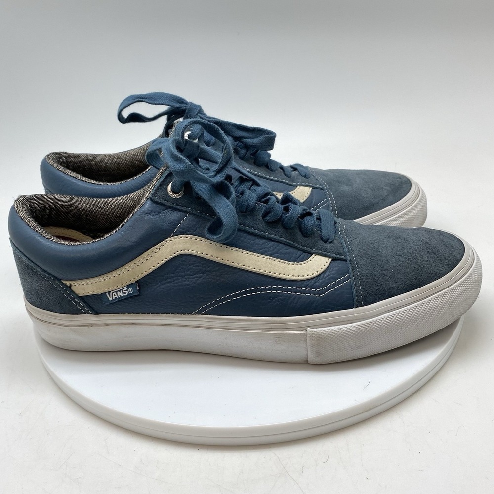 Vans Old Skool Mens 9 Blue Leather Athletic Skate Casual Shoes Sneakers TC6D